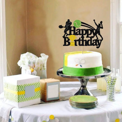 Tennis Ball Cake Topper Happy Birthday Sports Themed Trophy Tennis Match Cupcake Topper Dessert Decoration Baking Supplies Diy
