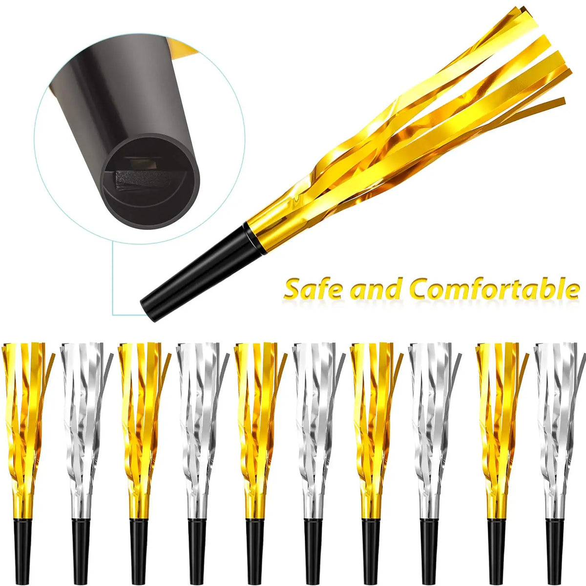 Party Noise Makers Gold Silver Fringed Glitter Whistles Blowers Horns for Birthday Party Scares Baby Shower Graduation New year