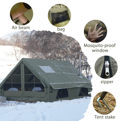 PAKICETUS Large Luxury Inflatable Glamping Tent with Manual Hand Pump, Easy Setup 4 Season Anti-Snow Spacious Family Shelter, Weatherproof Air Tent for Outdoor Camping, Backyard Party & Wilderness Adventure