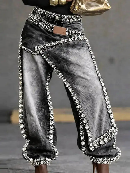 SHENGPALAE Women Jeans Wide Leg Layered Patchwork Washed Rhinestone Decor Asymmetric Streetwear Fashion Summer 2026 New 05E02954