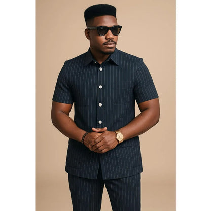 Safari Suits for Men Striped Men Suits with Short Sleeves 2 Pieces Set Summer Stripe Short Sleeve Shirt Pants Business Outfit