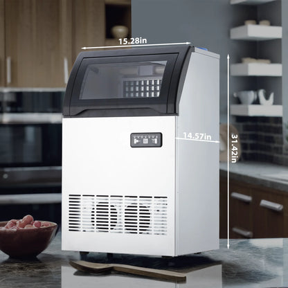 Commercial Ice Maker Machine 100LBS/24H, 50 Ice Cubes in 5-15 Min | 33 Lbs Storage Ice Bin, Freestand Stainless Steel Body, 2 Water Inlets, LED Display, for Home Bar Office Restaurant