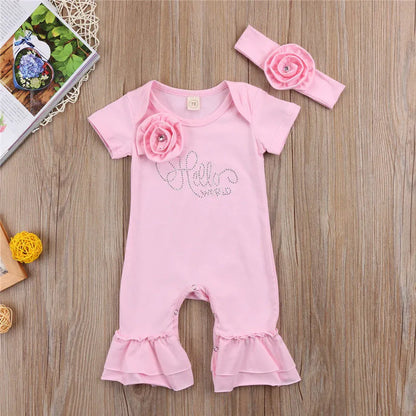 0-18months Baby Girls Romper with Headband Solid Pink Summer Short