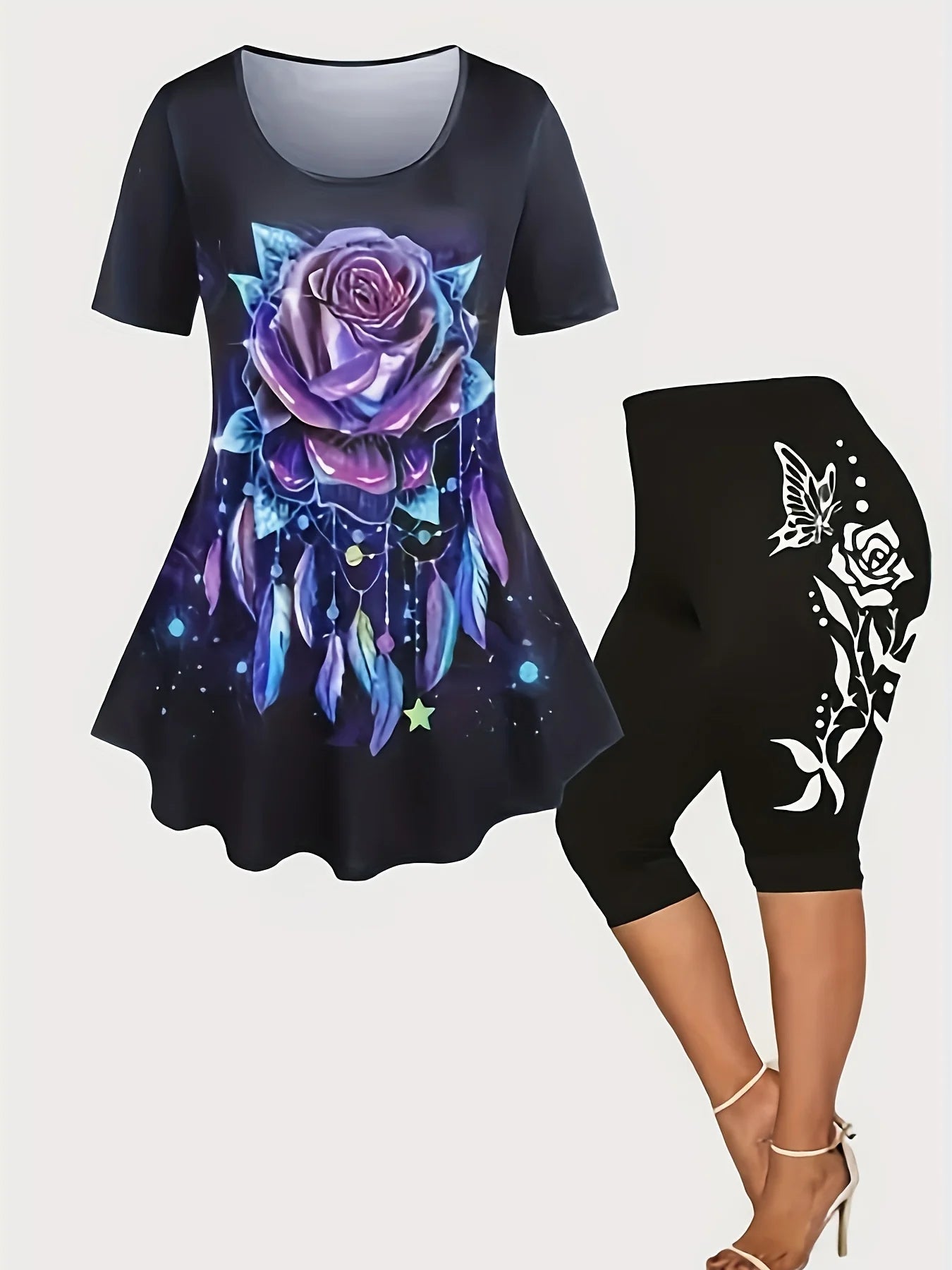 Plus Size Ladies Suit New Summer Women Hot Sales Black Oversize Casual Flower Rose Print T-Shirt Pants Two-Piece Suit