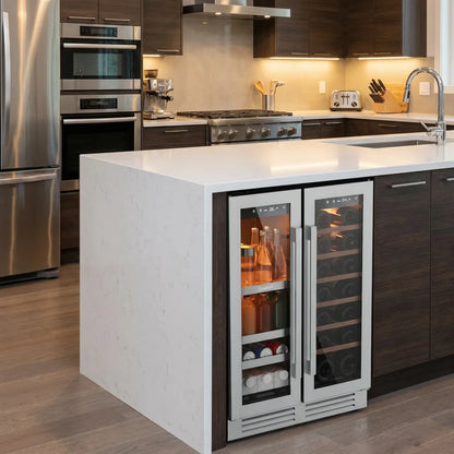24 Inch Dual Zone Beverage Wine Fridge 60 Can 21 Bottle Glass Door  Built-In Digital Touch Control Home Office Bar