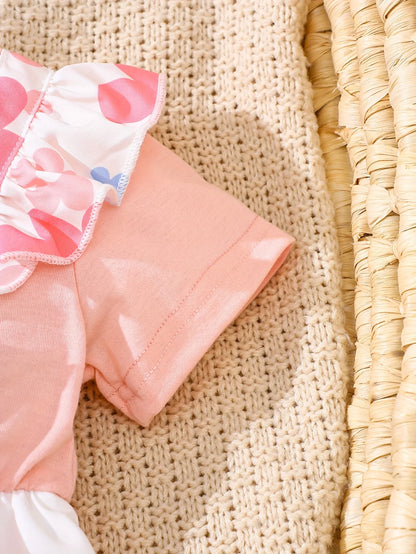 Two-Piece Set of Baby Girl Casual Dresses for Spring and Summer, Cute and Sweet Style Dresses with Cartoon Bear Patches, Floral Digital Print Patterns, Baby Girl Romper and Headband