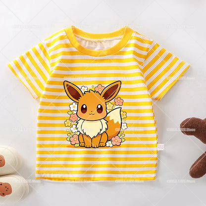 Cartoon Pokemon Stripe T Shirt Cute Pikachu Eevee Bulbasaur Baby Boy Girl Summer Tops Kawaii Toddler Short Sleeve Tee Shirts