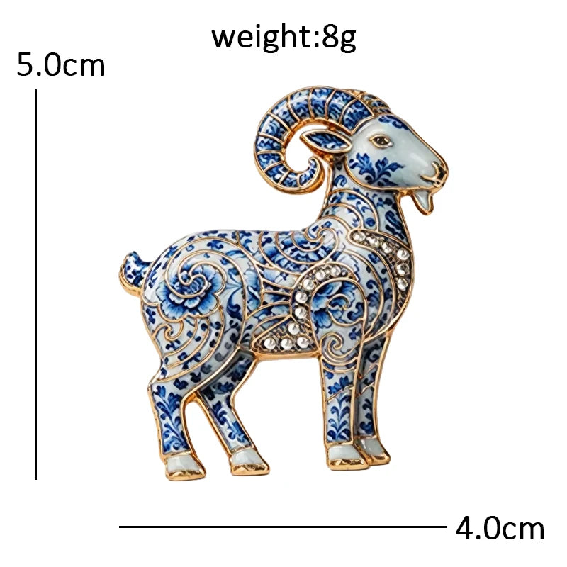 Wuli&baby Blue-and -White Porcelain Collection Animal Brooches For Women Unisex Goat Cat Butterfly Birds Party Office Brooch Pin