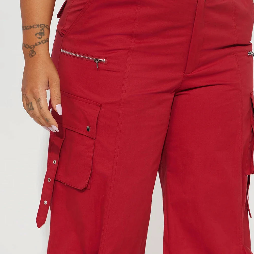 Custom Women's High Waist Cargo Pants Solid Red Canvas Loose Fit Full Length With Pockets Button Fly Utility Style OEM Supplier
