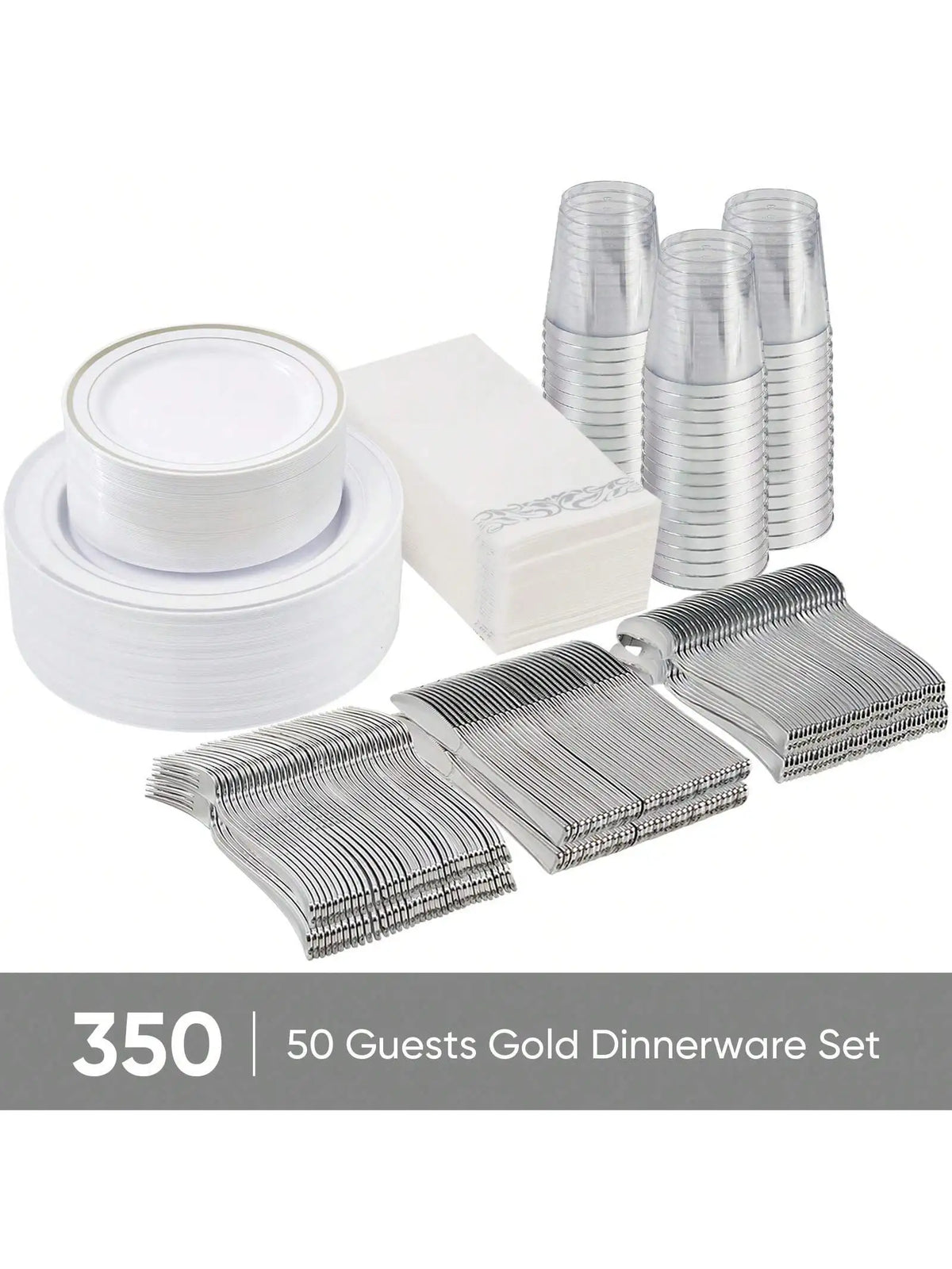 Disposable Dinnerware Set Elegant Luxury White Gold Rim Plastic Plates Gold Cutlery Cups Napkins 350 Pcs Serves 50 Guests Heavy Duty Party Tableware Set For Wedding Birthday Party Catering Showe