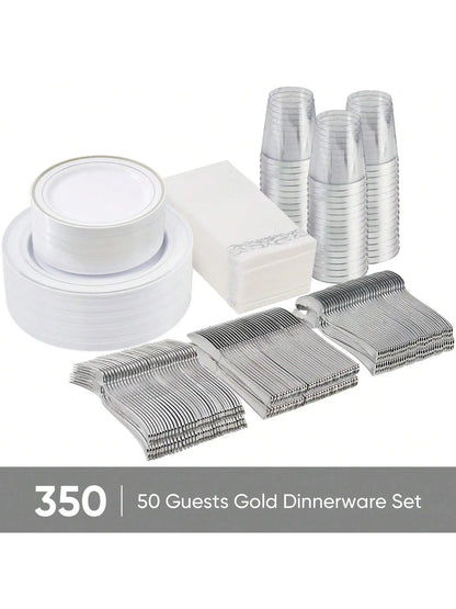 Disposable Dinnerware Set Elegant Luxury White Gold Rim Plastic Plates Gold Cutlery Cups Napkins 350 Pcs Serves 50 Guests Heavy Duty Party Tableware Set For Wedding Birthday Party Catering Showe