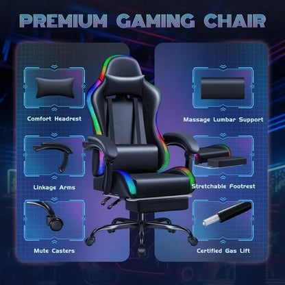 Chair with RGB LED Lights, Video Game Chair with Footrest and Massage Lumbar Support, High Back Reclining