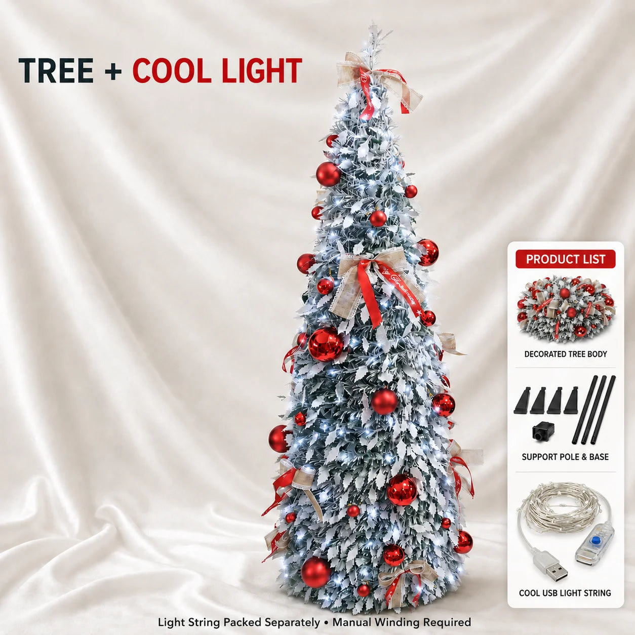 150cm/180cm/210cm Pop Up Collapsible PVC Artificial Christmas Tree Pre Decorated Optional USB LED Lights Metal Stand Home Decor