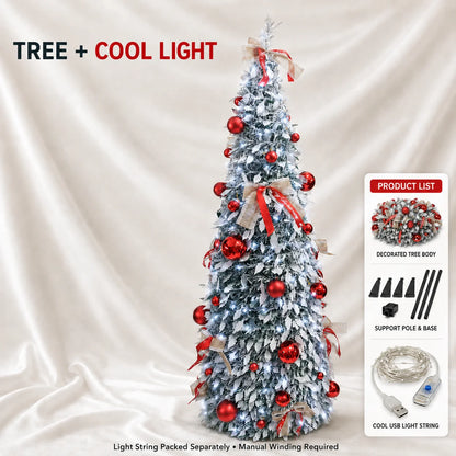150cm/180cm/210cm Pop Up Collapsible PVC Artificial Christmas Tree Pre Decorated Optional USB LED Lights Metal Stand Home Decor