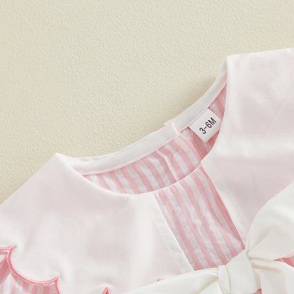 0-18M Newborn Baby Girl Summer Striped Romper Contrast Scalloped Edge Doll Collar Short Sleeve Bodysuit with Front Bow