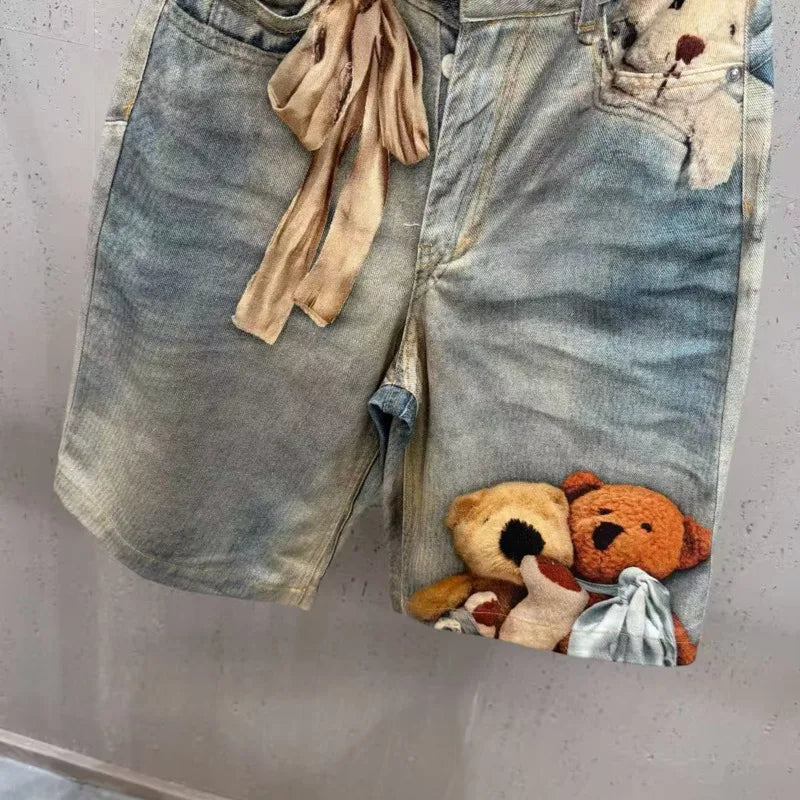 KUCLUT 2026 Summer Fashion Print Contrast Color Mesh Stretch T-shirts For Women Street Style Wide-Leg Denim Short Pants 1A3003