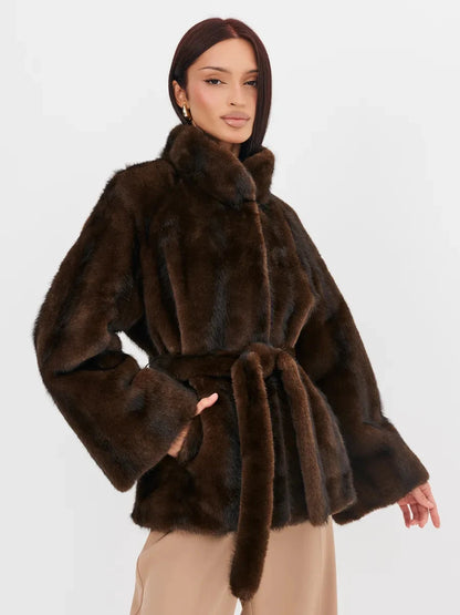 2026 Autumn Winter Women Faux Mink Fur Coat Lapel Collar Belted Long Jacket Luxury Fluffy Outerwear Brown