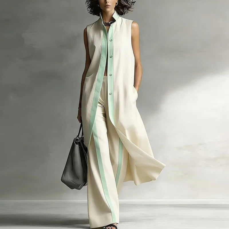 Spring Contrast Sleeveless Vest Suit Woman 2 Pieces Elegant Shirt Collar Button Long Top Wide Leg Pants Sets Summer Outfit Mujer