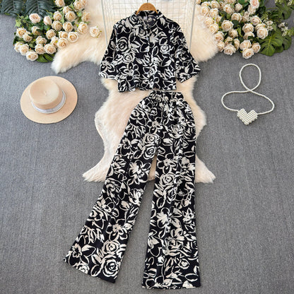 Beach Style Fashion Printed Women Pant Sets 2pcs Short Chiffon Shirts+Wide Leg Pants 2025 New Summer Casual Loose Female Suits