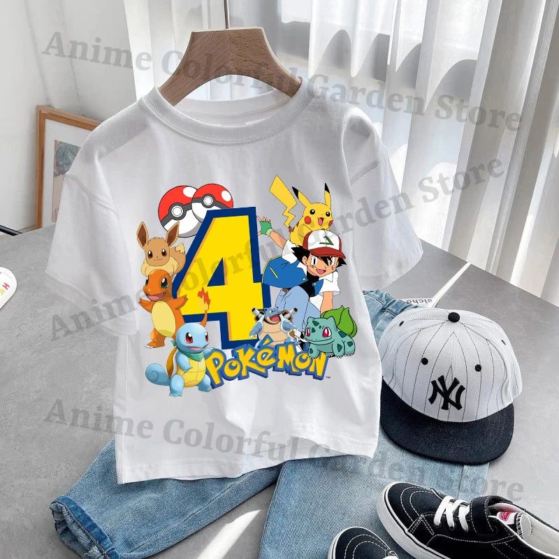 Anime Pokemons Kawaii T-shirts for Children Pikachu Cartoon Number Printed Short-sleeved Top Boys Girls Summer Fashion T-shirt