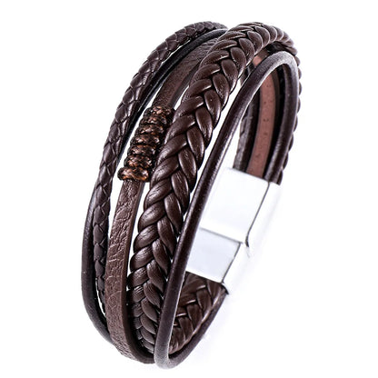 Multi Layer Braided Rope Bracelets for Men,Classic Handmade PU Leather Wristband with Magnetic Buckle,Trendy Punk Jewelry Gift