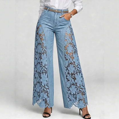 American Lace Hollow Out Elegant High Waist Wide Leg Straight Tube Harajuku Retro Flared Pants High Street Fashion Women's Jeans