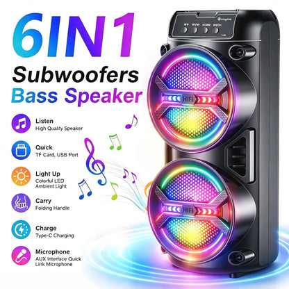 Wireless Bluetooth Portable Speaker, Dual Subwoofer Delivers Powerful Bass, TWS Linkage, Multiple Inputs BT/FM/USB/AUX/TF/Microphone, Stereo Loudspeaker, Holiday Party Speaker & Christmas Gift