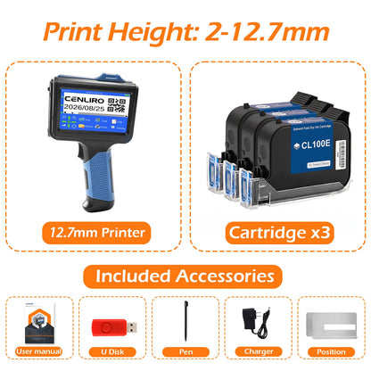 Cenliro Upgrated Handheld Inkjet Printer CL12B with Black Fast-drying Ink Cartridge for Date Batch Number Logo QR Code 600DPI