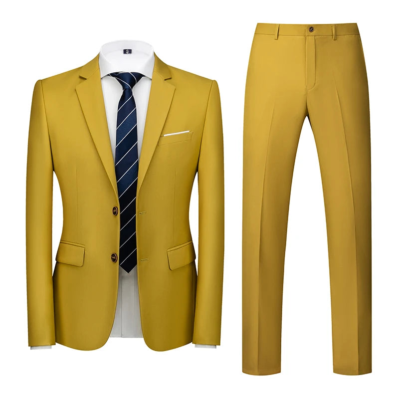 2025 New Solid Two-Button Wedding Suits Set for Men,15 Colors Available Business Casual Slim-Fit Mens Blazer + Pants 2 Piece Set