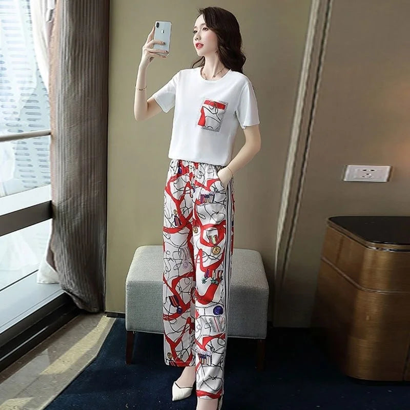 Women Suit 2025 Summer New Korean Style Short Sleeve Tops Fashion Wide Leg Pants 2 Two Piece Set Casual Plus Size Female Outfits