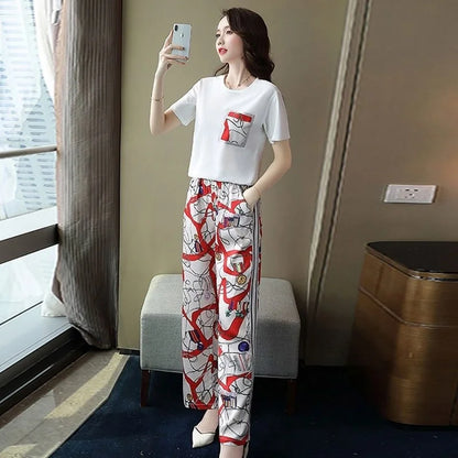 Women Suit 2025 Summer New Korean Style Short Sleeve Tops Fashion Wide Leg Pants 2 Two Piece Set Casual Plus Size Female Outfits