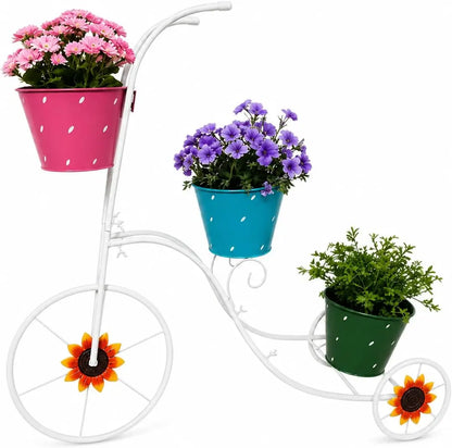 Tricycle Planter Stand with 3 Plant Bucket, White Metal Tricycle Planter, 3 Tier Floral Flower Plant Stand Holder Hand Painted Outdoor Garden Patio Decor