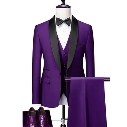US Size Men Lapel Black Collar 3 Pcs Suit Set Coat Vest Trousers / Business Groom Wedding Dress Fprmal Blazer Pants Waistcoat
