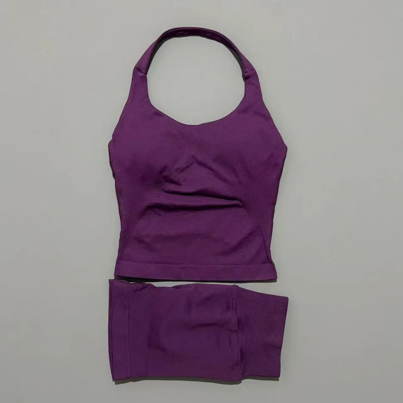 2 Pieces Shorts Yoga Set Women Backless Halter Tops High Waist Seamless Shorts Gym Suit Fitness Sportswear Workout Sets