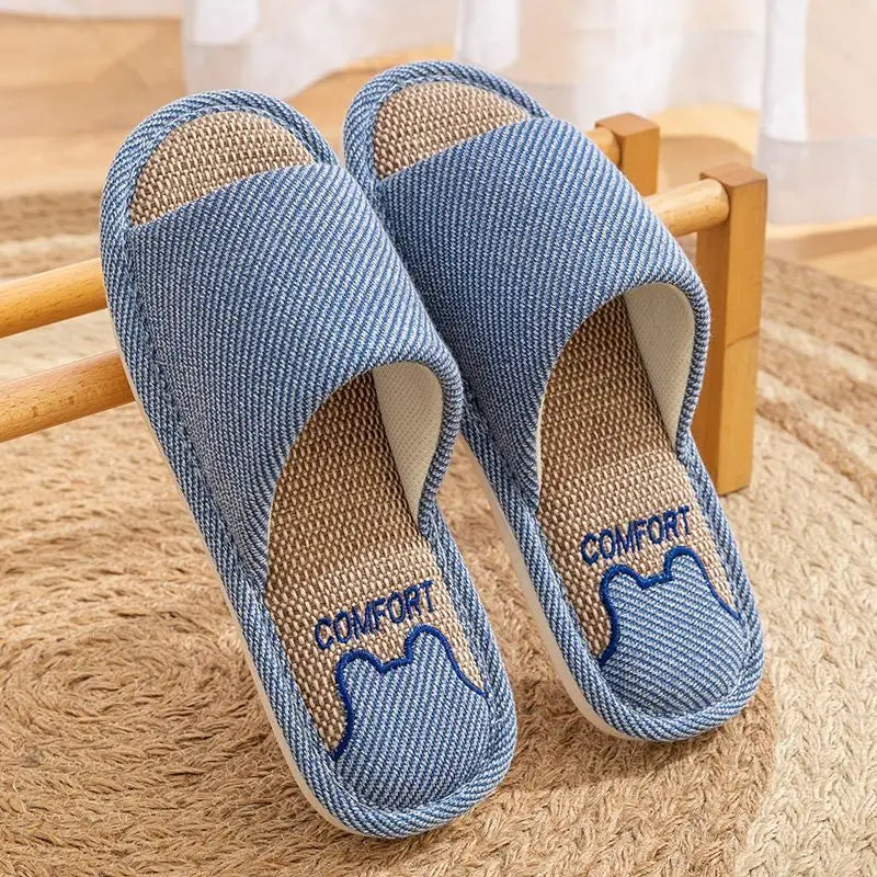 Women Linen Slippers Four Seasons Women Indoor Sandals Adults Cartoon Slides Couples Open toed Breathable Home Shoes