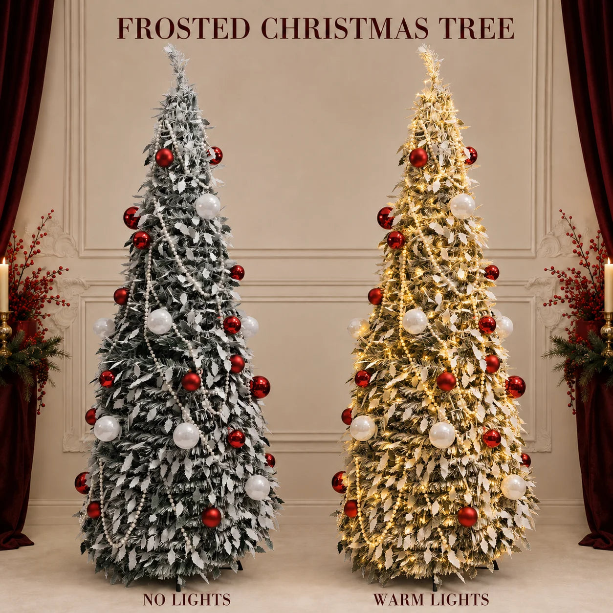 Flocked PVC Christmas Tree 1.5/1.8/2.1M Pre‑Attached Baubles, Foldable Xmas Tree with USB String Lights for Home Holiday Decor