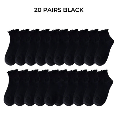 Women's Crew Socks with Ruffles, White and Black, Comfortable, Breathable, Moisture-Absorbing and Sweat-Wicking