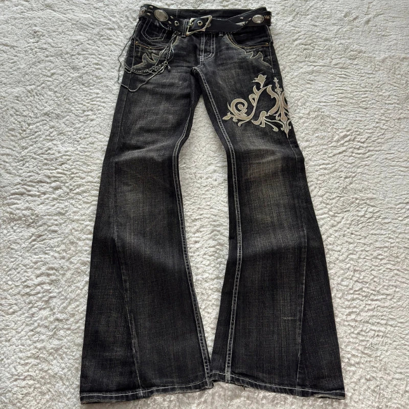 HOUZHOU Vintage Embroidery Patchwork Women Flared Jeans Y2k Harajuku Wide Leg American Style Denim Pants Baggy Punk Streetwear