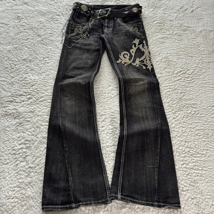 HOUZHOU Vintage Embroidery Patchwork Women Flared Jeans Y2k Harajuku Wide Leg American Style Denim Pants Baggy Punk Streetwear