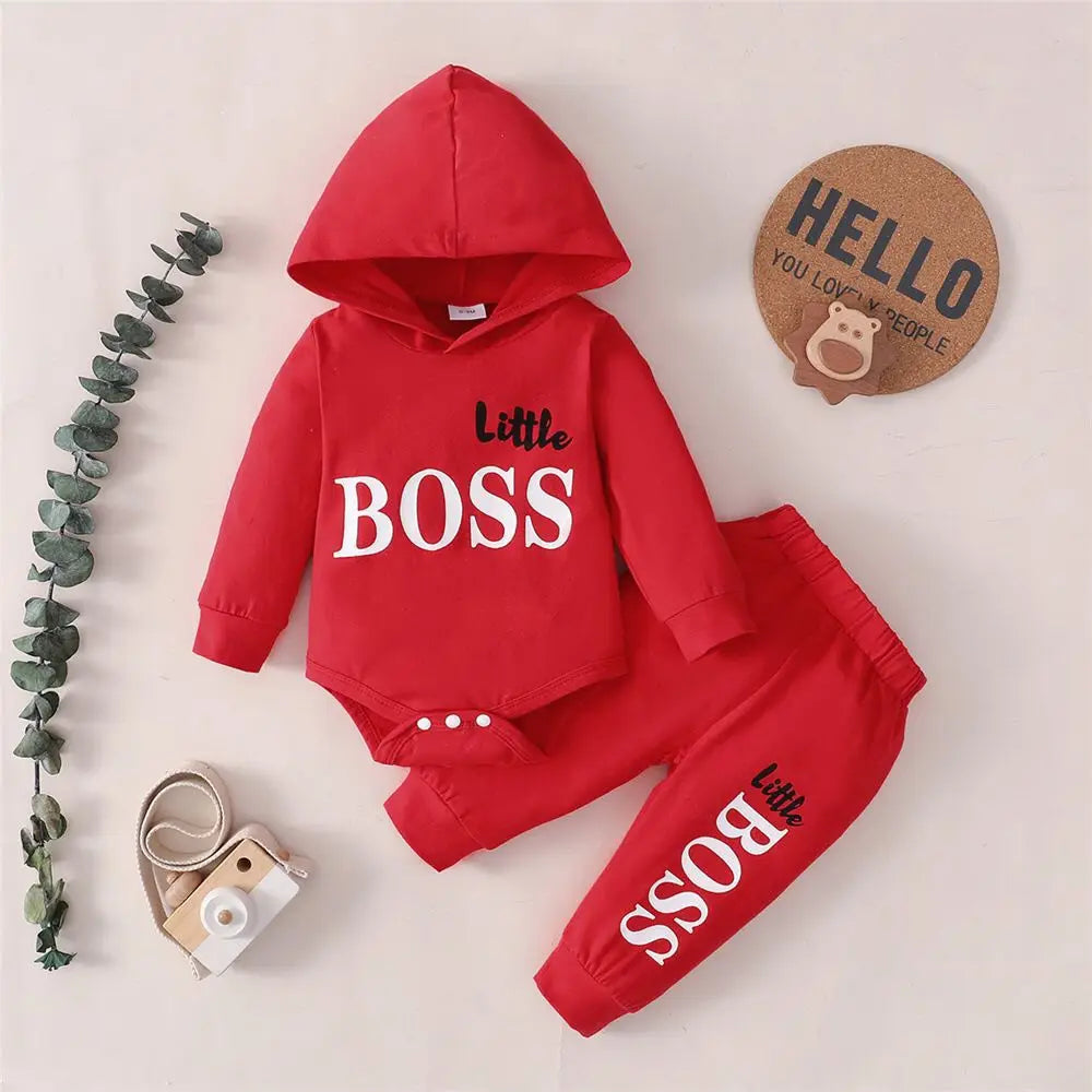 2025 Spring Autumn Infant Toddler Letters Print Hooded Solid Color Two-piece Suit 0-24M Baby Boys Bodysuits+Long Pants Set