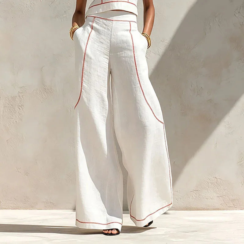 Women Striped Print 2 Piece Set Sleeveless Round Neck Tank Top High Waist Pocket Wide Leg Trousers Suit New Summer Resort Outfit
