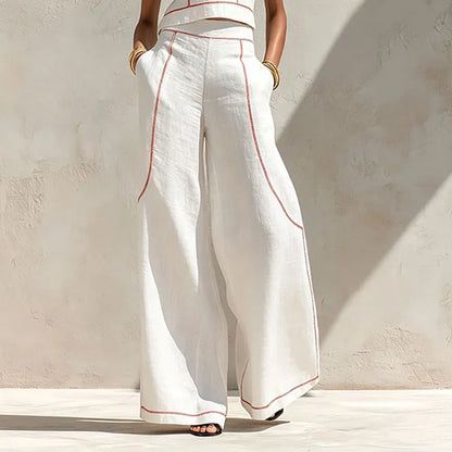 Women Striped Print 2 Piece Set Sleeveless Round Neck Tank Top High Waist Pocket Wide Leg Trousers Suit New Summer Resort Outfit