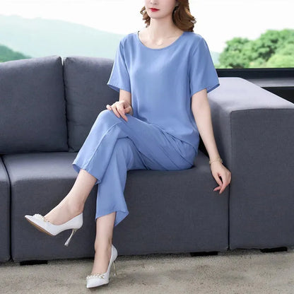 Cotton Silk Suit Summer Women's Sets New Casual Solid Color Short Sleeve Ankle-Length Pants 2 Piece Set Middle Age Mother Outfit