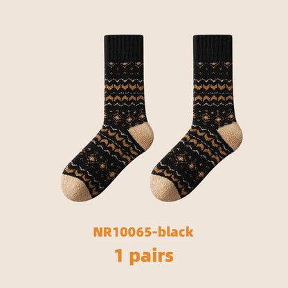 1/5 Pairs Autumn/Winter Retro Pattern Women Round Neck Socks Warm Comfortable Ethnic Style Outdoor Fashionable Casual Socks