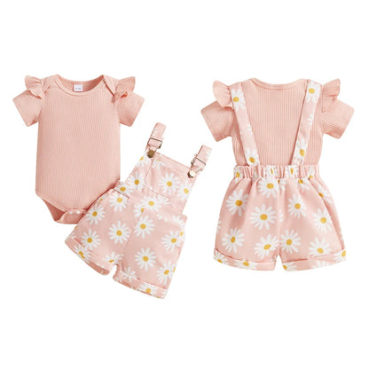 0-18months infant Girls Shorts Set Short Sleeve Romper Flower Print Suspender Shorts Summer Outfit for Baby girls