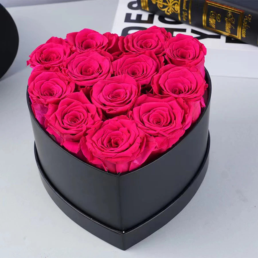12-13PCS Peserved Roses in Heart Shape Box 100% Natural Long Last Real Eternal Real Rose Mothers Valentines Day Gifts Home Decor