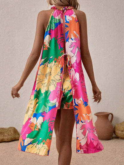 Women's Floral Print Halter Neck 2-Piece Set, Casual Sleeveless Top and Shorts, Summer Beach Outfit For Ladies