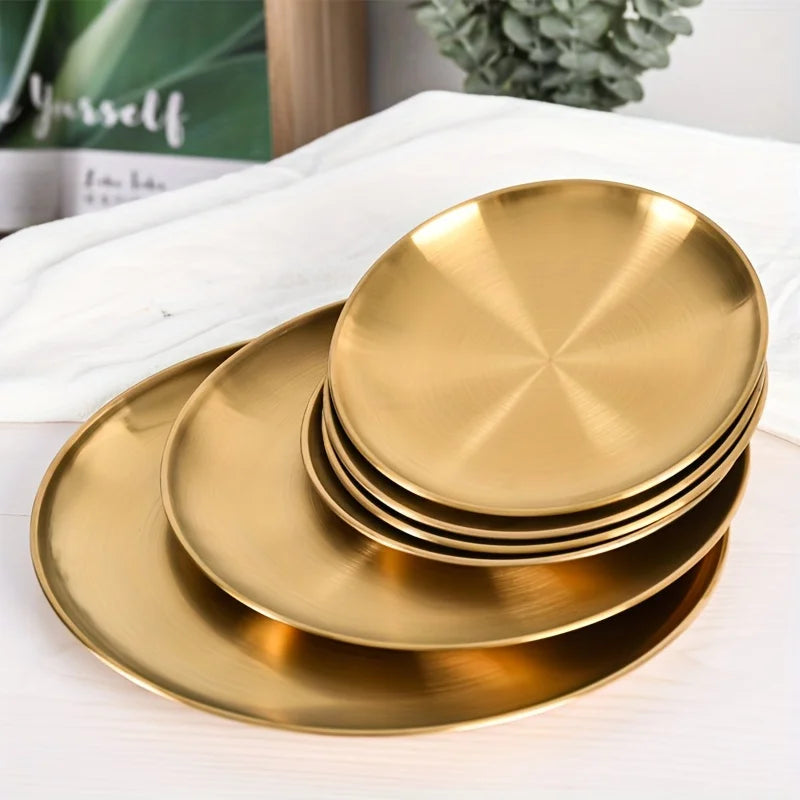 2pcs, Golden Pizza Plates, Stainless Steel Dinner Plate, Round Golden Tray, Food Serving Plate, for Home Kitchen,Party Use