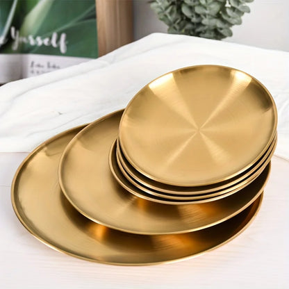 2pcs, Golden Pizza Plates, Stainless Steel Dinner Plate, Round Golden Tray, Food Serving Plate, for Home Kitchen,Party Use
