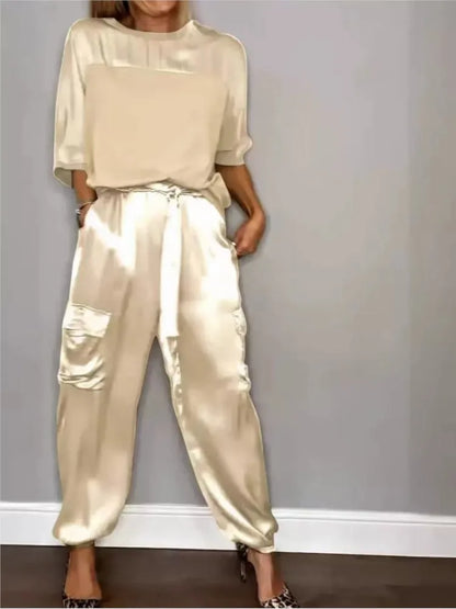 Women's Summer Fashion Solid Satin Two Piece Set Women O Neck Long Sleeved Top Long Pants Casual Loose 2 Piece Set Women Clothes